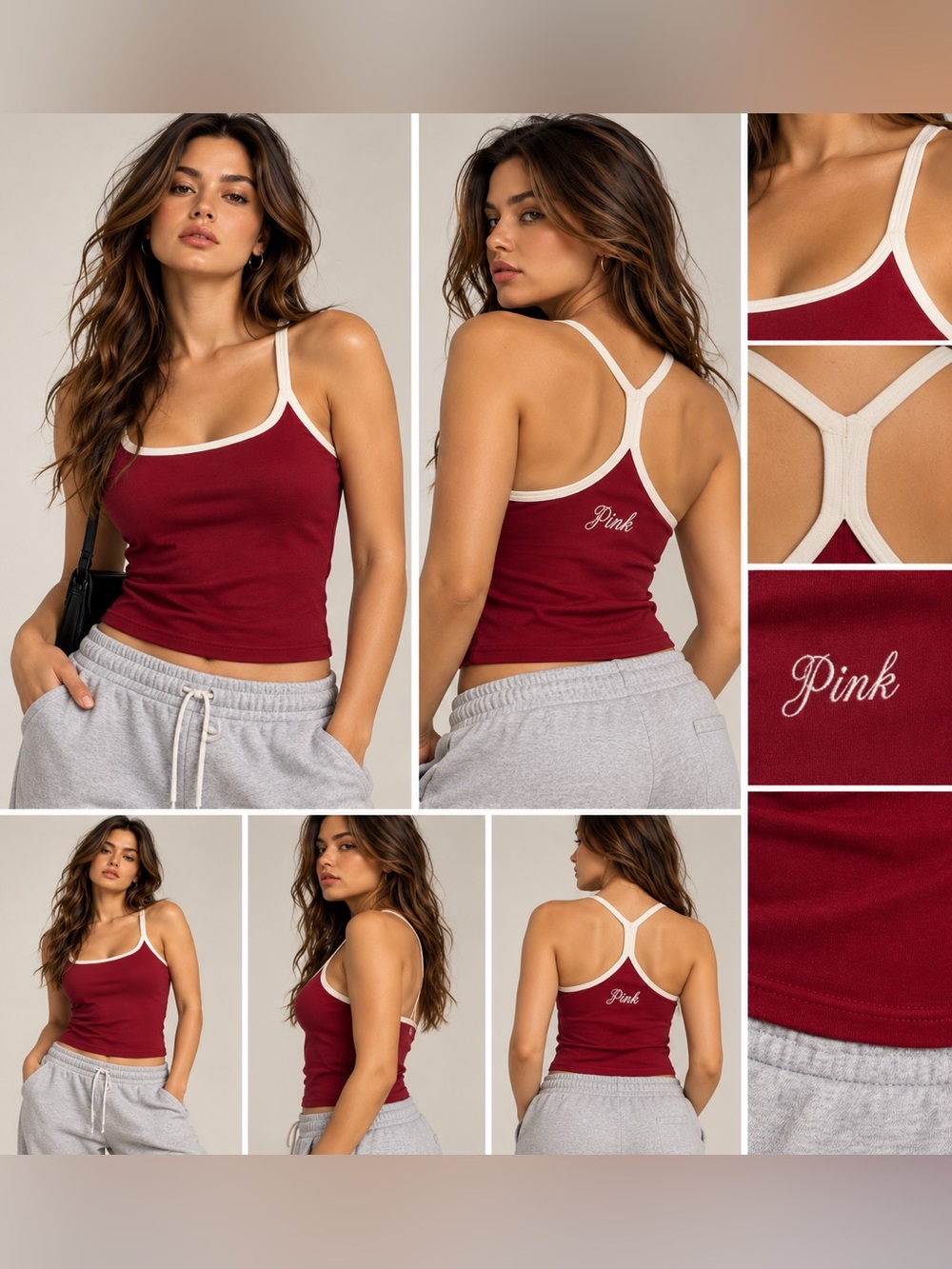 PINK Victoria's Secret Red Square-Neck Tank with Cream Trim Sz LARGE NWT
